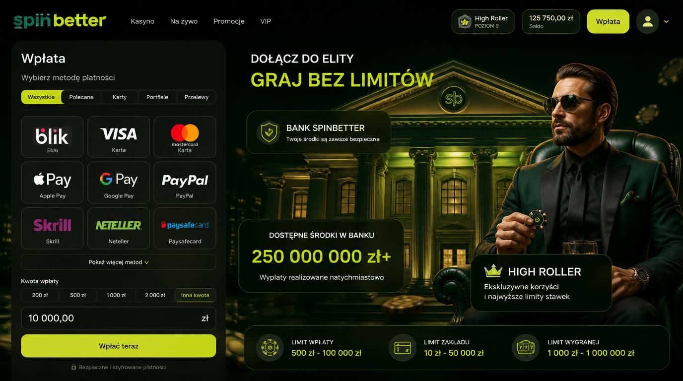 Graficzne przedstawienie wysokich limitów wpłat w kasynie Spinbetter, ikony portfeli i banków, styl kasynowy