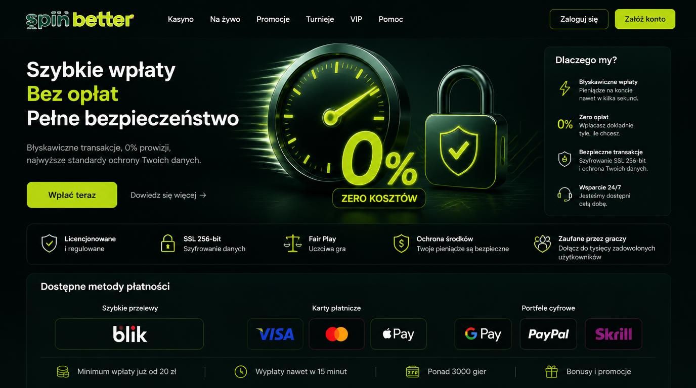 Wizualizacja szybkości wpłat, brak opłat i zaufania w Spinbetter