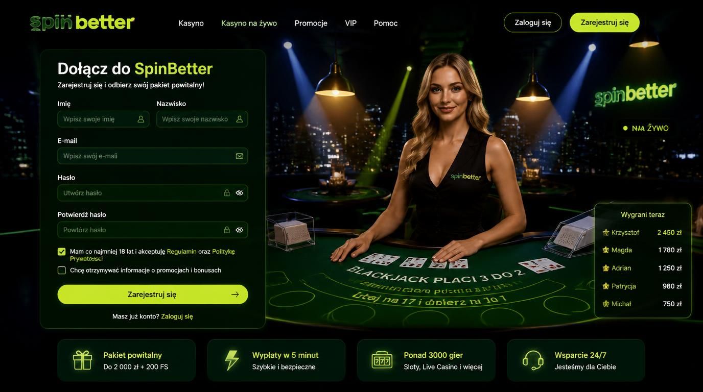gracz w trakcie wypełniania formularza rejestracyjnego w Spinbetter Casino z elementami stołu na żywo