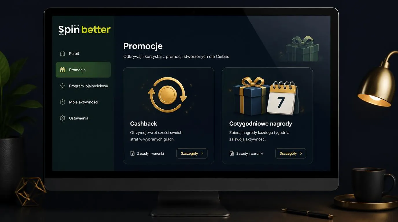 Panel promocji kasyna z kartami cashbacku, cotygodniowych nagród i kalendarzem ofert